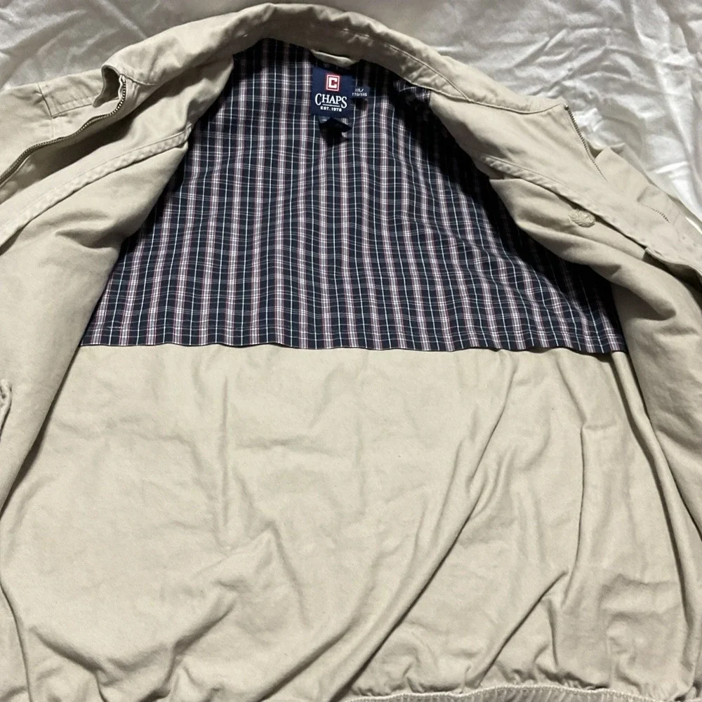 Chaps Jacket Mens 2xl Khaki Bomber Golfing Zip Up Casual Pockets Plaid Lined